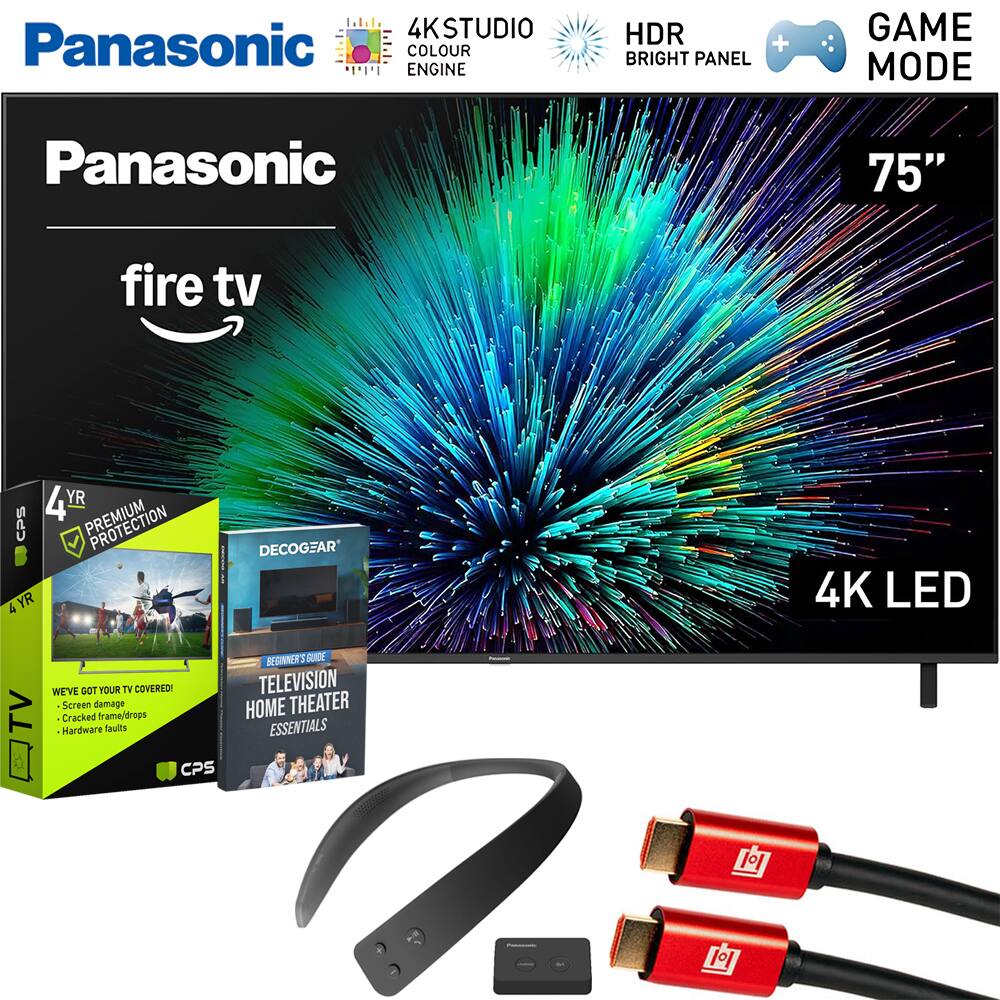 Panasonic  
4K Studio Colour Engine  
HDR Bright Panel  
Game Mode  
75"  
4K LED  
Fire TV  

4 Year Premium Protection  
We've Got Your TV Covered!  
Screen damage  
Cracked frame/drops  
Hardware faults  

DecoGear  
Beginner's Guide  
Television Home Theater Essentials  

CPS Reginner Guide