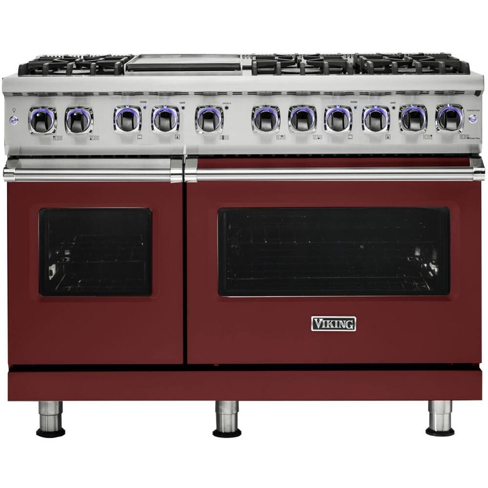 Front. Viking - 48"W 7-Series Dual Fuel Self-Clean Range-6 Burners + Griddle - Reduction Red.