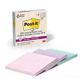 Post-it - Recycled Super Sticky Notes, 4" x 4", Wanderlust Pastels Collection, Lined, 70 Sheets/Pad, 3 Pads/Pack - Assorted