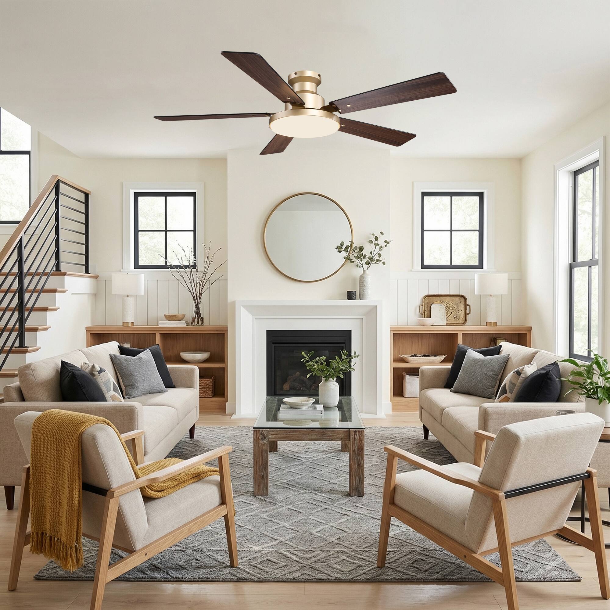 Angle. Vaczon - 52" Modern Reversible Blades Smart Flush Mount Ceiling Fan with Dimmable LED Light and Remote, APP Control - Gold.