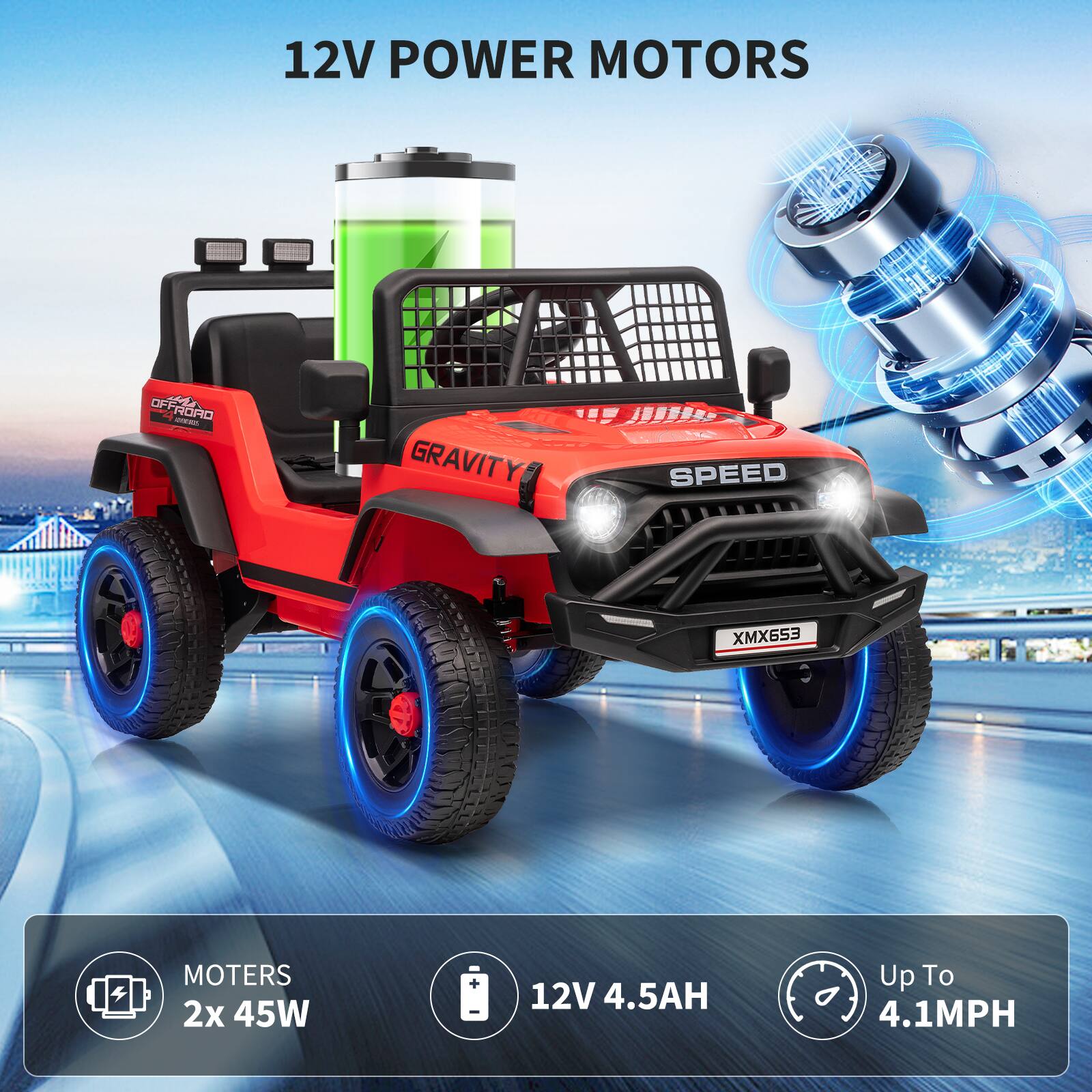 12V POWER MOTORS

GRAVITY Y SPEED XMX653

MOTORS
2x 45W

12V 4.5AH

Up To 4.1MPH