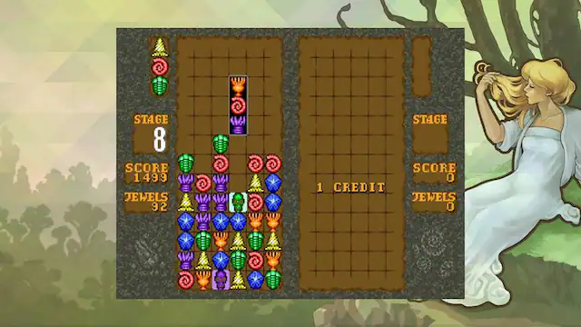 The image shows a game with a score of 1499 and a stage score of 0. The player has 1 credit and 92 jewels. The game is set in a forest, and there is a woman in the background. The game appears to be a puzzle or adventure game, with a focus on collecting jewels and progressing through the stages. - E (Everyone)