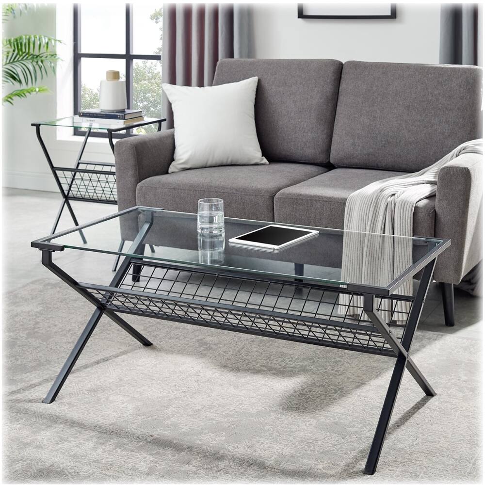 Left View: Walker Edison - Modern Metal & Glass Coffee Table - Black