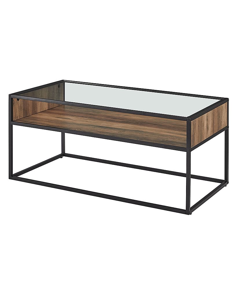 Left View: Walker Edison - Rustic Glass Coffee Table - Reclaimed Barnwood