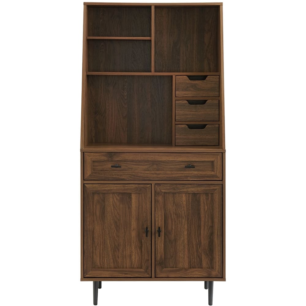 Front. Walker Edison - 4 Drawer Cabinet Storage Computer Desk with Hutch - Dark Walnut.