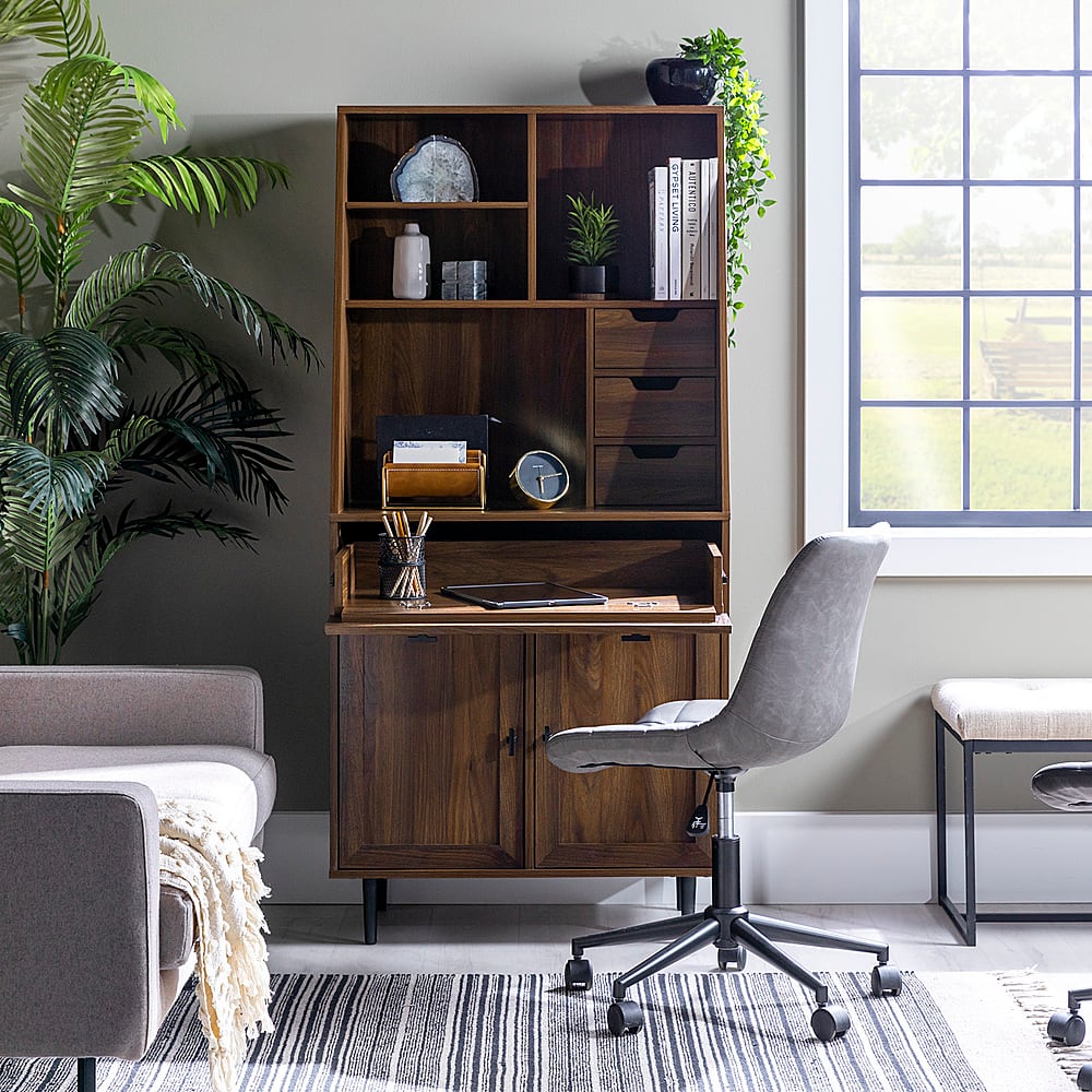 Alt View 17. Walker Edison - 4 Drawer Cabinet Storage Computer Desk with Hutch - Dark Walnut.