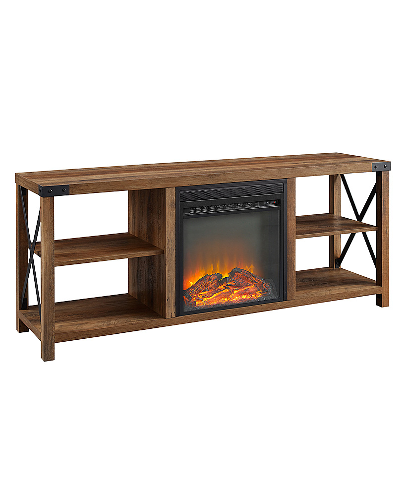 Angle View: Walker Edison - Farmhouse Open Storage Metal X-Frame Fireplace TV Stand for Most TVs up to 65" - Rustic Oak