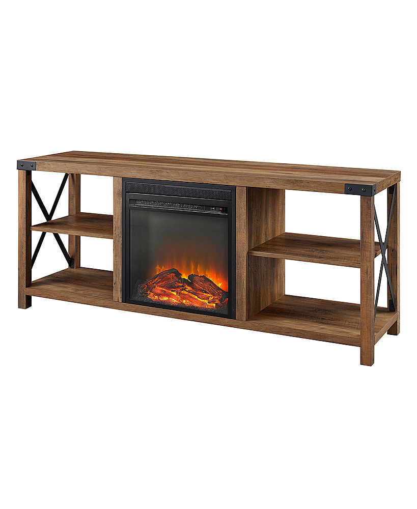 Left View: Walker Edison - Farmhouse Open Storage Metal X-Frame Fireplace TV Stand for Most TVs up to 65" - Rustic Oak