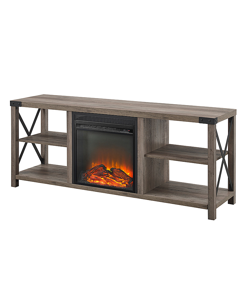 Left View: Walker Edison - Farmhouse Open Storage Metal X-Frame Fireplace TV Stand for Most TVs up to 65" - Grey Wash