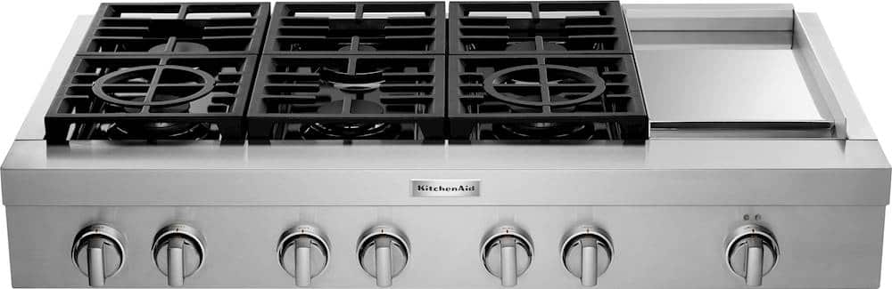Front. KitchenAid - Commercial-Style 48'' Built-In Gas Cooktop with 6 Burners and Griddle - Stainless steel.