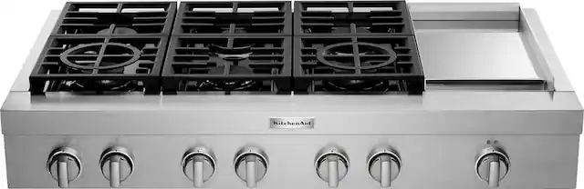Front. KitchenAid - Commercial-Style 48'' Built-In Gas Cooktop with 6 Burners and Griddle - Stainless steel.