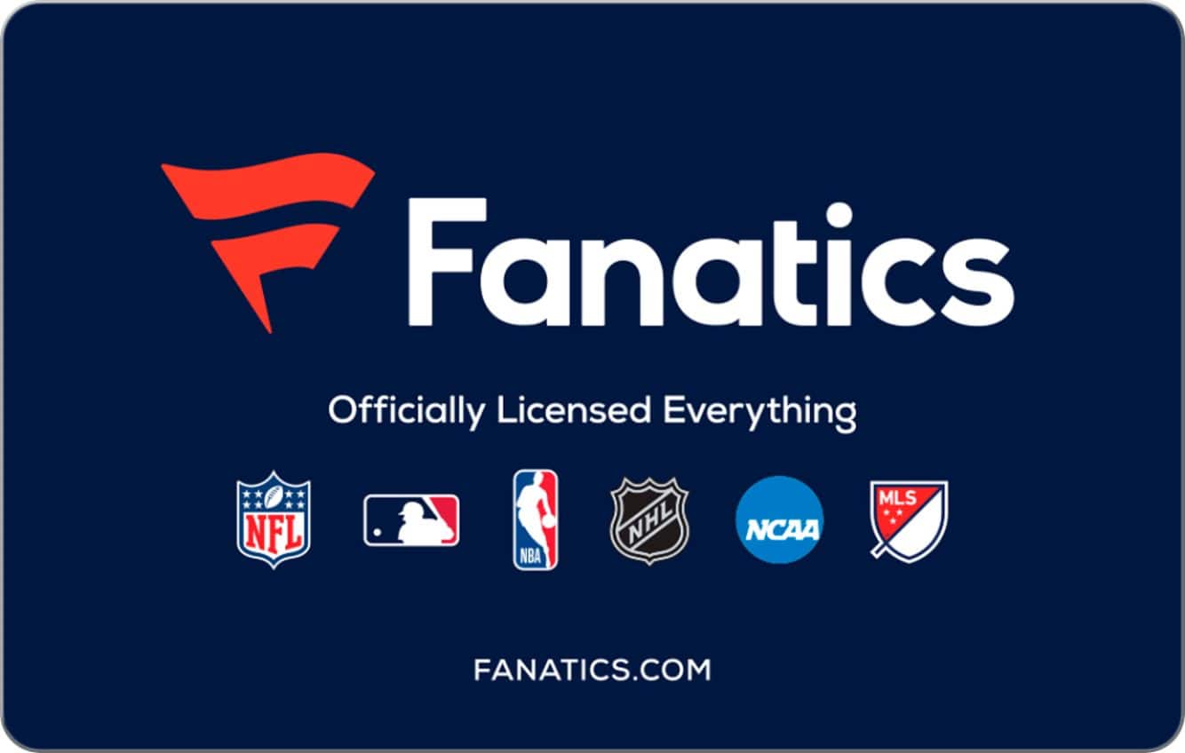Fanatics is an official licensee for various sports organizations, including MLS, NFL, NHL, NCAA, and NBA. The company offers a wide range of products, such as jerseys, hats, and other merchandise, to fans of these sports. The image features a blue background with logos for these organizations, along with the Fanatics logo. The website fanatics.com is also displayed, where customers can purchase their favorite team's gear.