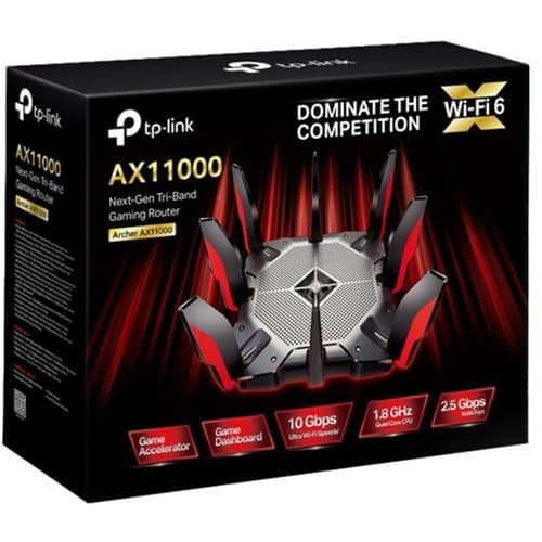 DOMINATE THE WI-FI COMPETITION WITH TP-LINK AX11000 NEXT-GEN TRI-BAND GAMING ROUTER - ARCHER AX11000. GAME WITH FASTER SPEEDS AND LOWER LAG WITH 1.8 GHz QUAD-CORE CPU AND 2.5 Gbps WI-FI SPEEDS.