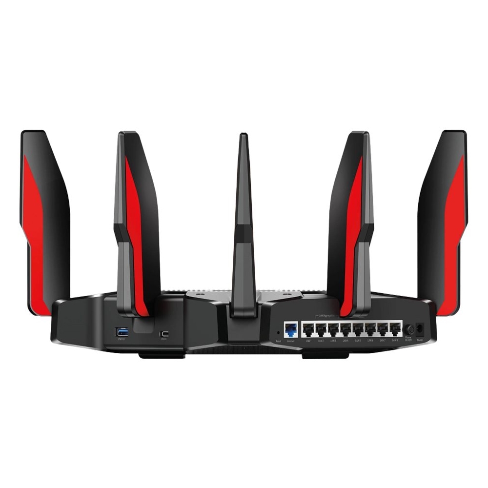 Left View: TP-Link - Archer AX11000 Tri-Band Wi-Fi 6 Router - Black/Red