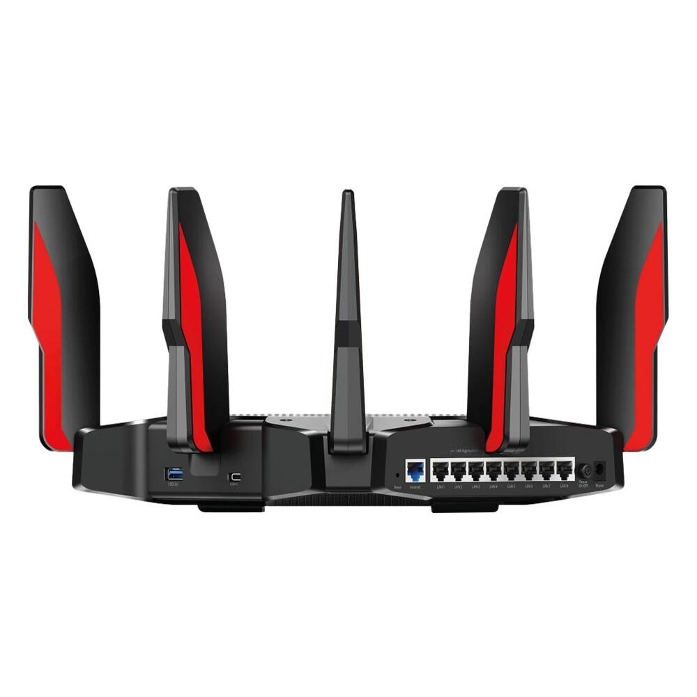Left. TP-Link - Archer AX11000 Tri-Band Wi-Fi 6 Router - Black/Red.