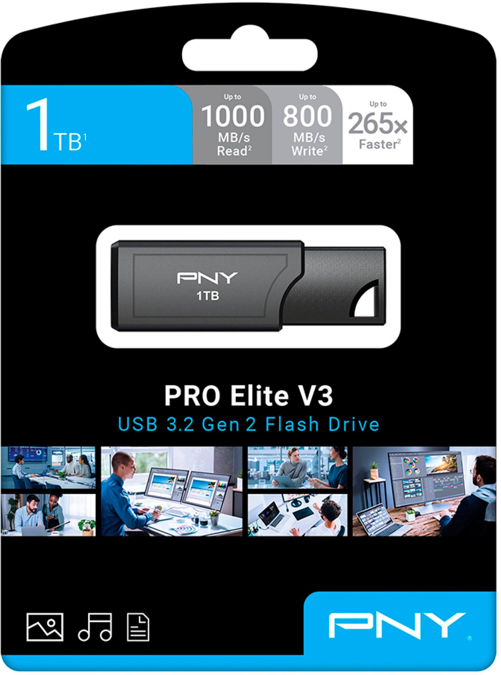 The text on the image is already grouped and correctly written. It reads: "1TB 1TB Up to Up to Up to 1000 800 265x MB/s MB/s Faster Read2 Write2 PNY 1TB PRO Elite V3 USB 3.2 Gen 2 Flash Drive."