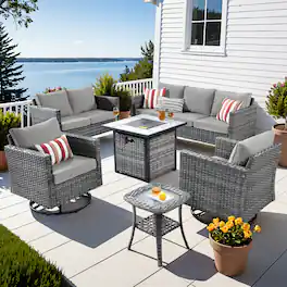 Ovios - 6 PCS Patio Furniture Wicker Sofa with Swivel Chair, Side Table & 30" Fire Pit Table for Deck - Dark Gray