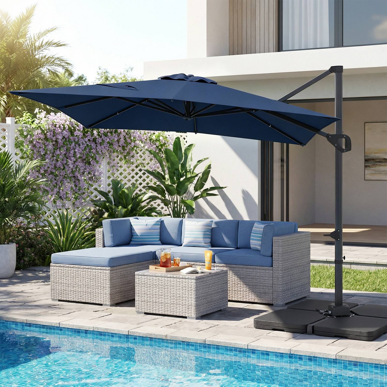 Alt View 4. Costway - Costway Cantilever Umbrella with 220 LBS Base, Offset Hanging Umbrella with 360° Rotation - Navy.