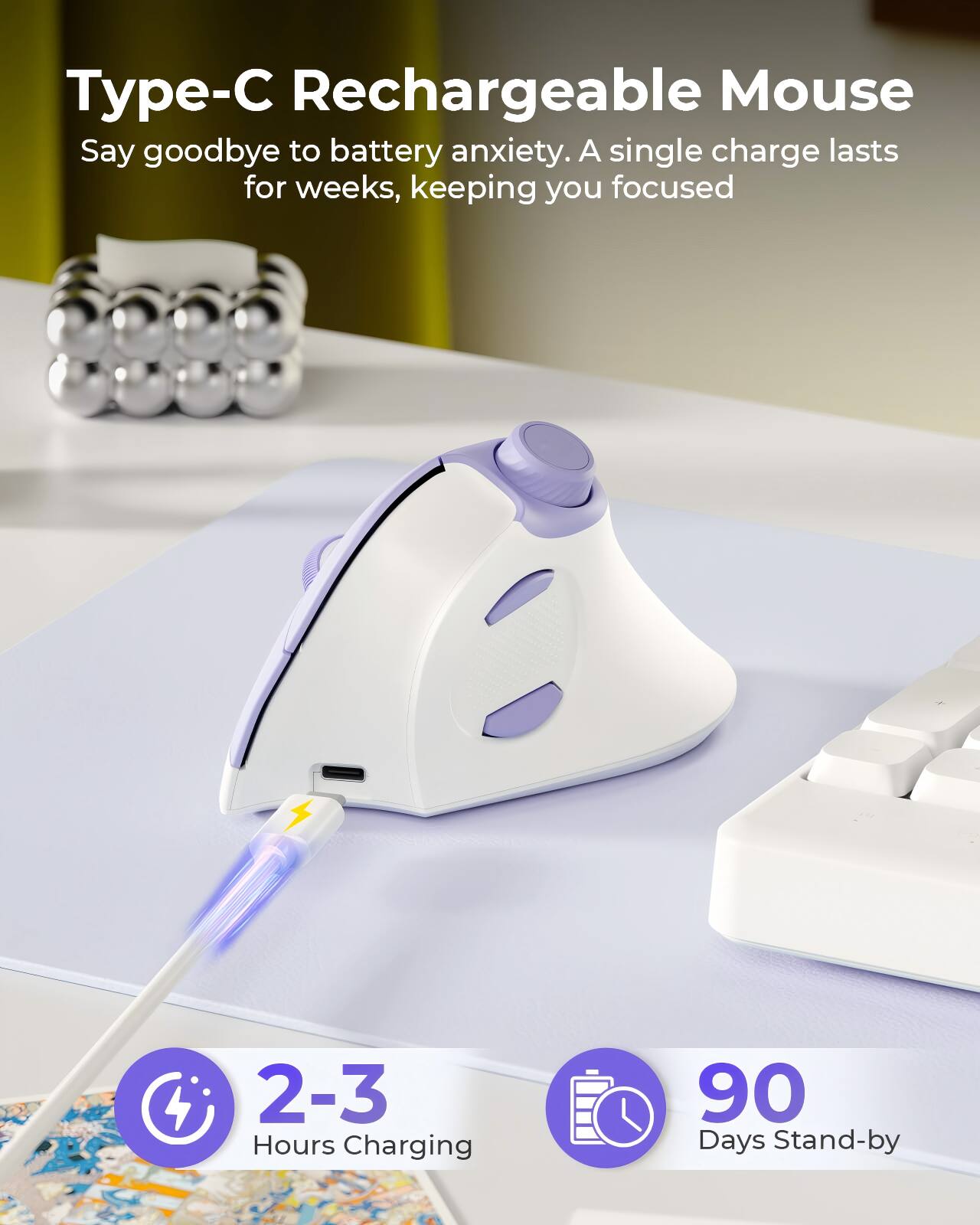 Type-C Rechargeable Mouse

Say goodbye to battery anxiety. A single charge lasts for weeks, keeping you focused

2-3 Hours Charging

90 Days Stand-by