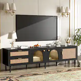 MERAVOM - Rattan TV Stand for Tvs up to 80" Entertainment Center with 2 Drawers & 3 Cabinets, Media Console Table for Living Room - Black
