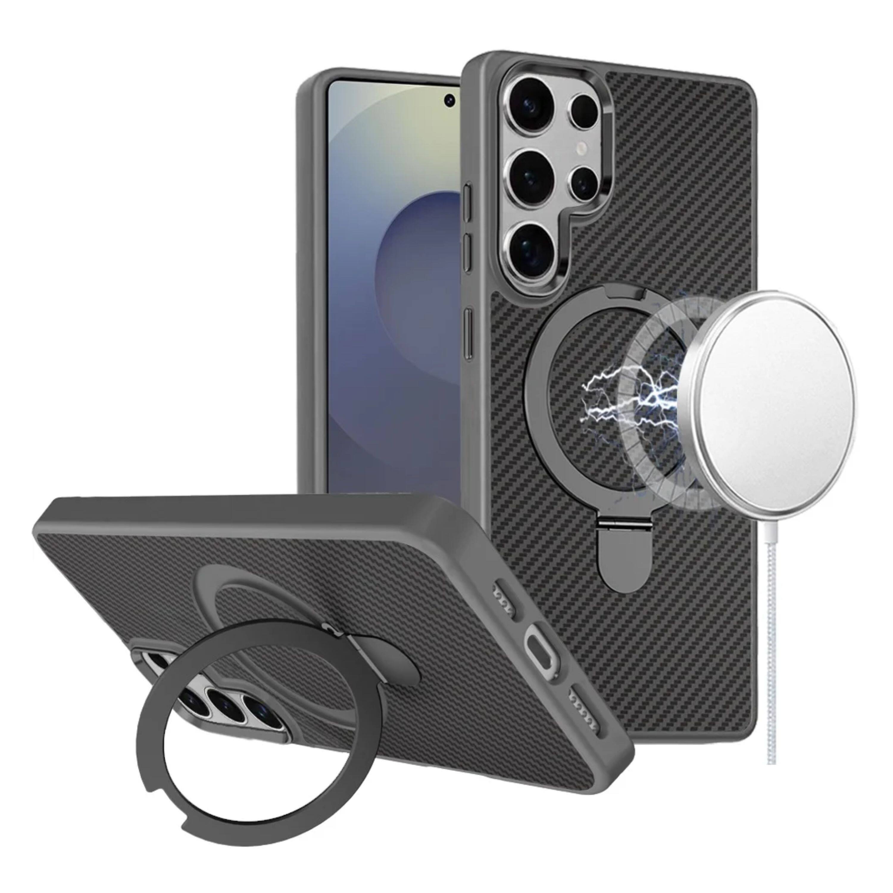 Angle. Kitcheniva - Carbon Fiber Print Design Ring Stand Circle With Tempered Glass For Samsung Galaxy S25 Ultra Gray - Gray.