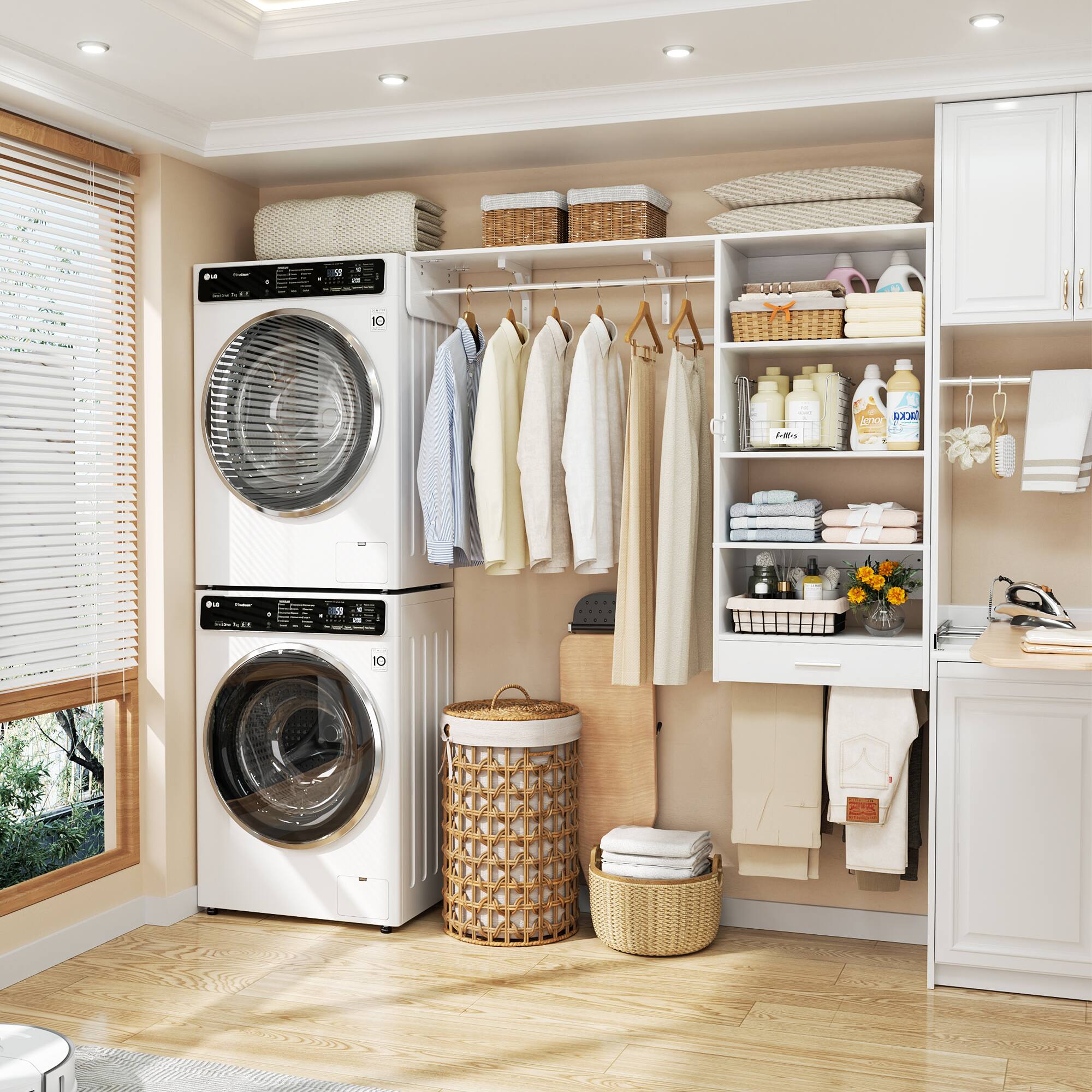 Front. Aheaplus - 5FT Reversible Wall Laundry Organizer Cabinet with Hanging Rod and Open Storage Shelves - White.