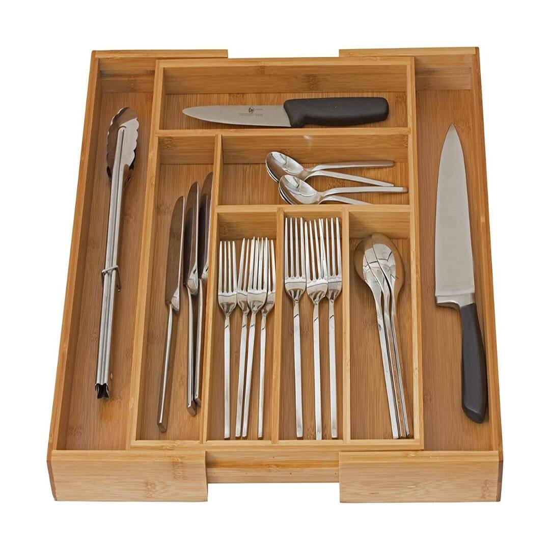 Angle. Home It - Expandable Cutlery Bamboo Kitchen Utensils and Flatware Drawer Divider - Drawer Utensils Organizer - Beige.
