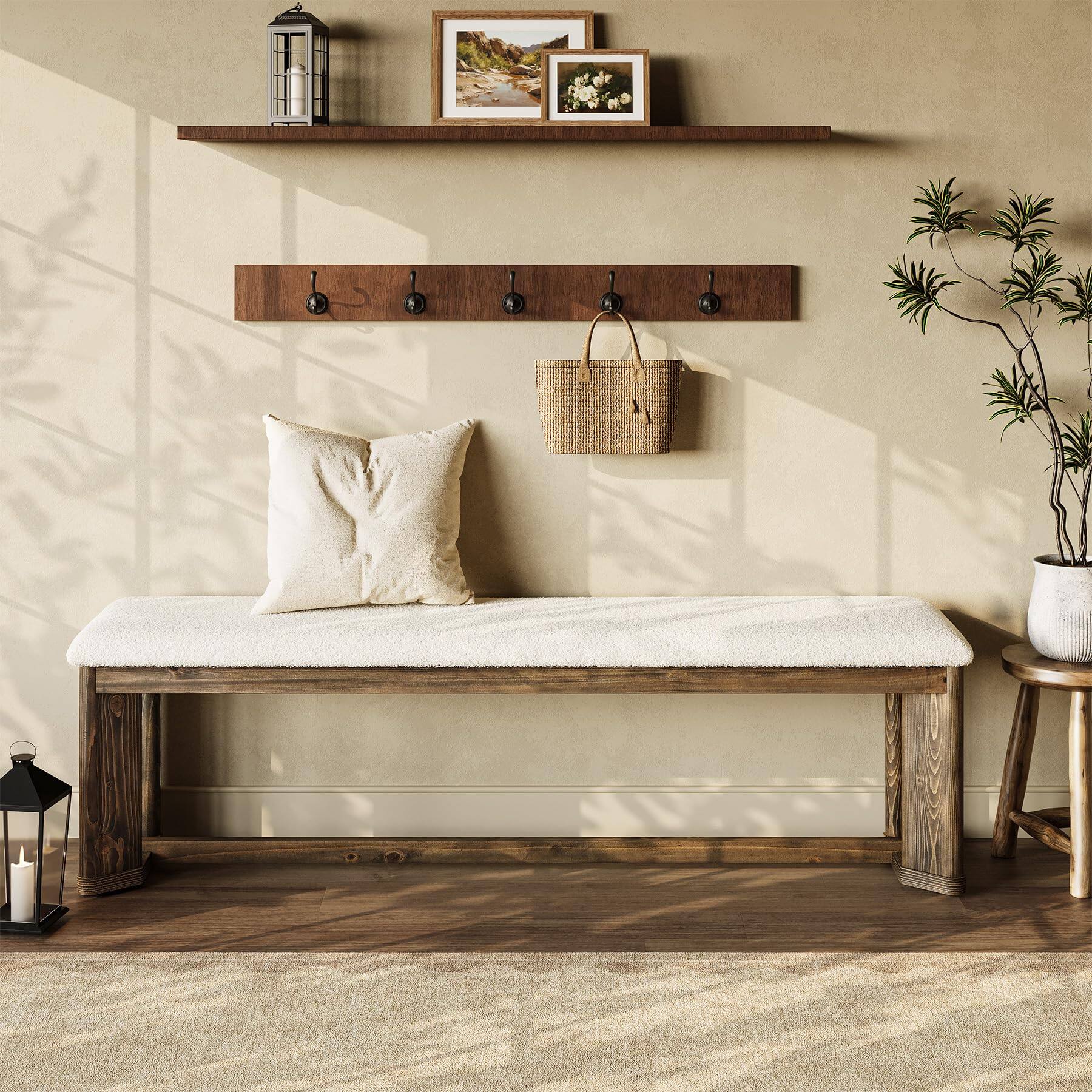 Alt View 5. Tribesigns - Upholstered Bench 160CM, Solid Wood Entryway Shoe Bench with Cushion, Long Modern Farmhouse End of Bed Bench with Antiqu - Antique Brown.