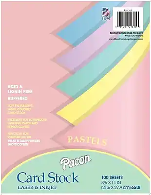Pacon Card Stock
Laser & Inkjet
Acid & Lignin Free
Buffered
Soft Eye Pleasing
Pastel Colored
Card Stock
Excellent for Scrapbooks,
Greeting Cards and
Report Covers
Practical for Everyday Use on:
Inkjet & Laser Printers
Photocopiers
Pastels
100 Sheets
8½ x 11 in
(21.6 x 27.9 cm)
65 lb
Pacon
Ticonderoga Company
Appleton, WI 54912
www.PaconTiconderogaCompany.com