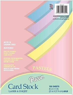 Pacon Card Stock  
Laser & Inkjet  

Acid & Lignin Free  
Buffered  

Soft Eye Pleasing  
Pastel Colored  
Card Stock  

Excellent for Scrapbooks,  
Greeting Cards and  
Report Covers  

Practical for Everyday Use on:  
Inkjet & Laser Printers  
Photocopiers  

Pastels  

100 Sheets  
8½ x 11 in  
(21.6 x 27.9 cm)  
65 lb  

Pacon  
Ticonderoga Company  
Appleton, WI 54912  
www.PaconTiconderogaCompany.com