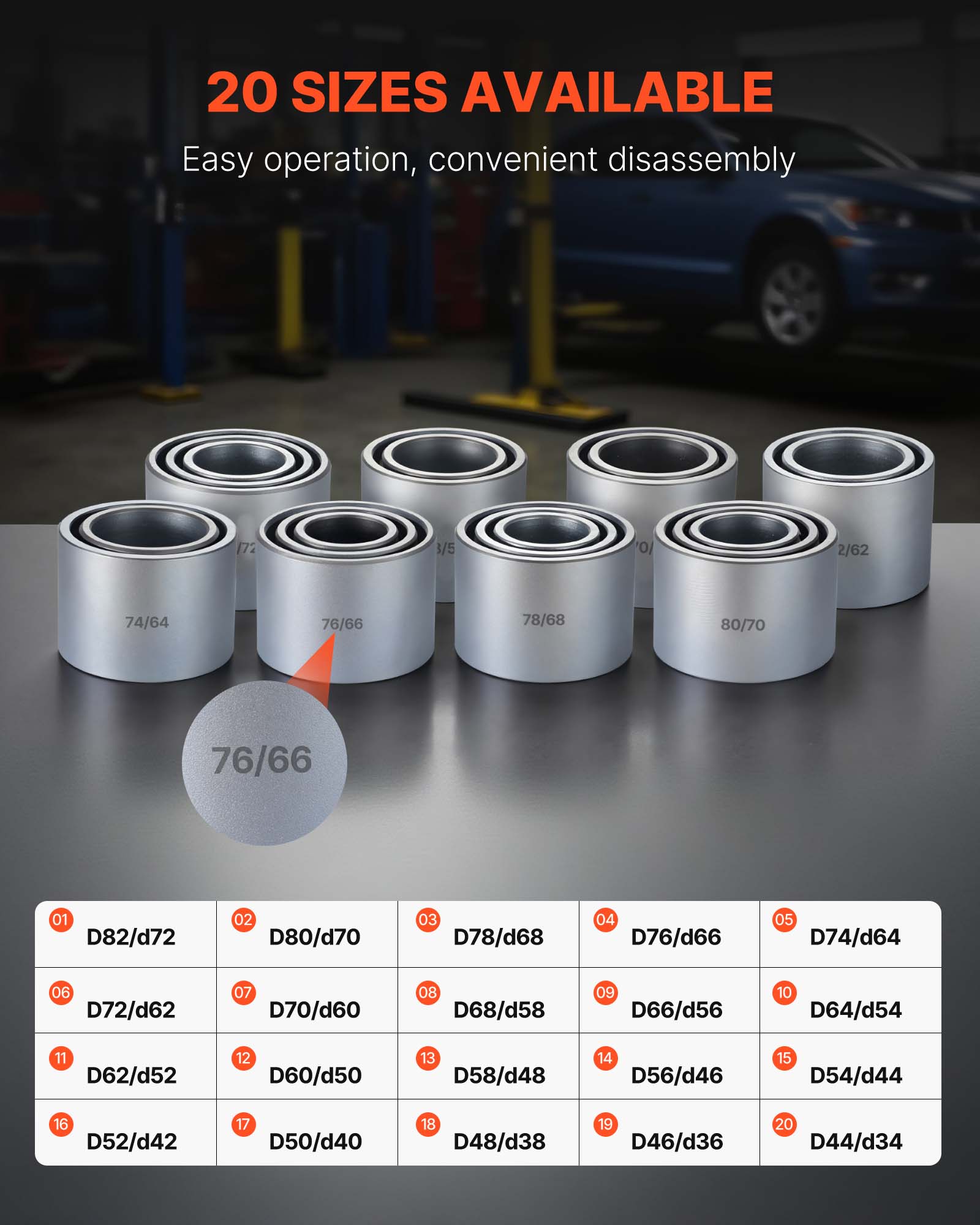20 SIZES AVAILABLE  
Easy operation, convenient disassembly  

172 3/5  
2/62  
74/64  
76/66  
78/68  
80/70  

01 D82/d72  
02 D80/d70  
03 D78/d68  
04 D76/d66  
05 D74/d64  
06 D72/d62  
07 D70/d60  
08 D68/d58  
09 D66/d56  
10 D64/d54  
11 D62/d52  
12 D60/d50  
13 D58/d48  
14 D56/d46  
15 D54/d44  
16 D52/d42  
17 D50/d40  
18 D48/d38  
19 D46/d36  
20 D44/d34