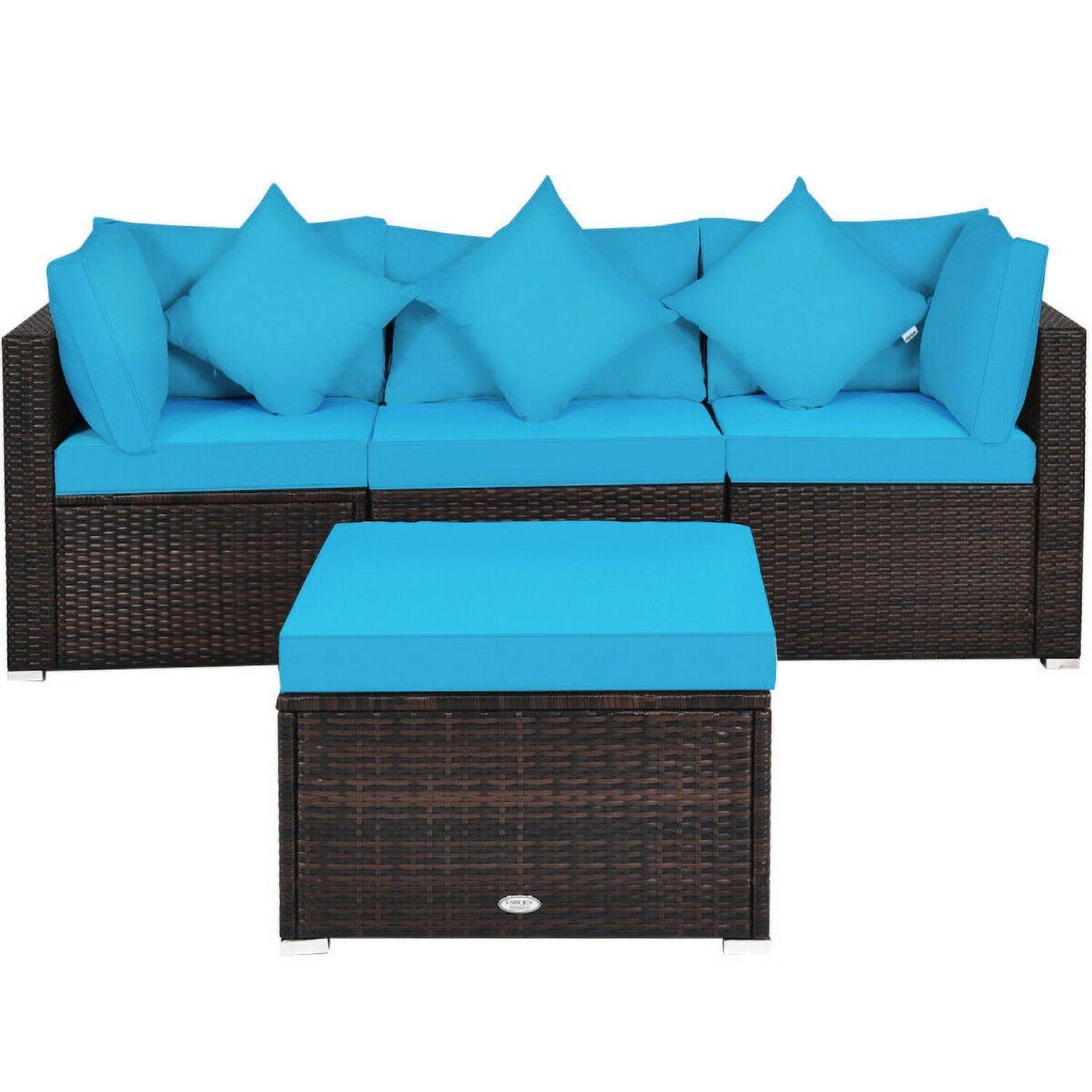 Left. Kadyn - 4 Pcs Ottoman Garden Deck Patio Rattan Wicker Furniture Set Cushioned Sofa-Turquoise, Patio Seating Conversation Set - Blue.