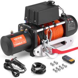VEVOR - Electric Winch, 13,500 lb, 12V DC Truck Winch with Φ3/8 in x 80 ft Synthetic Rope Aluminum Fairlead - Black
