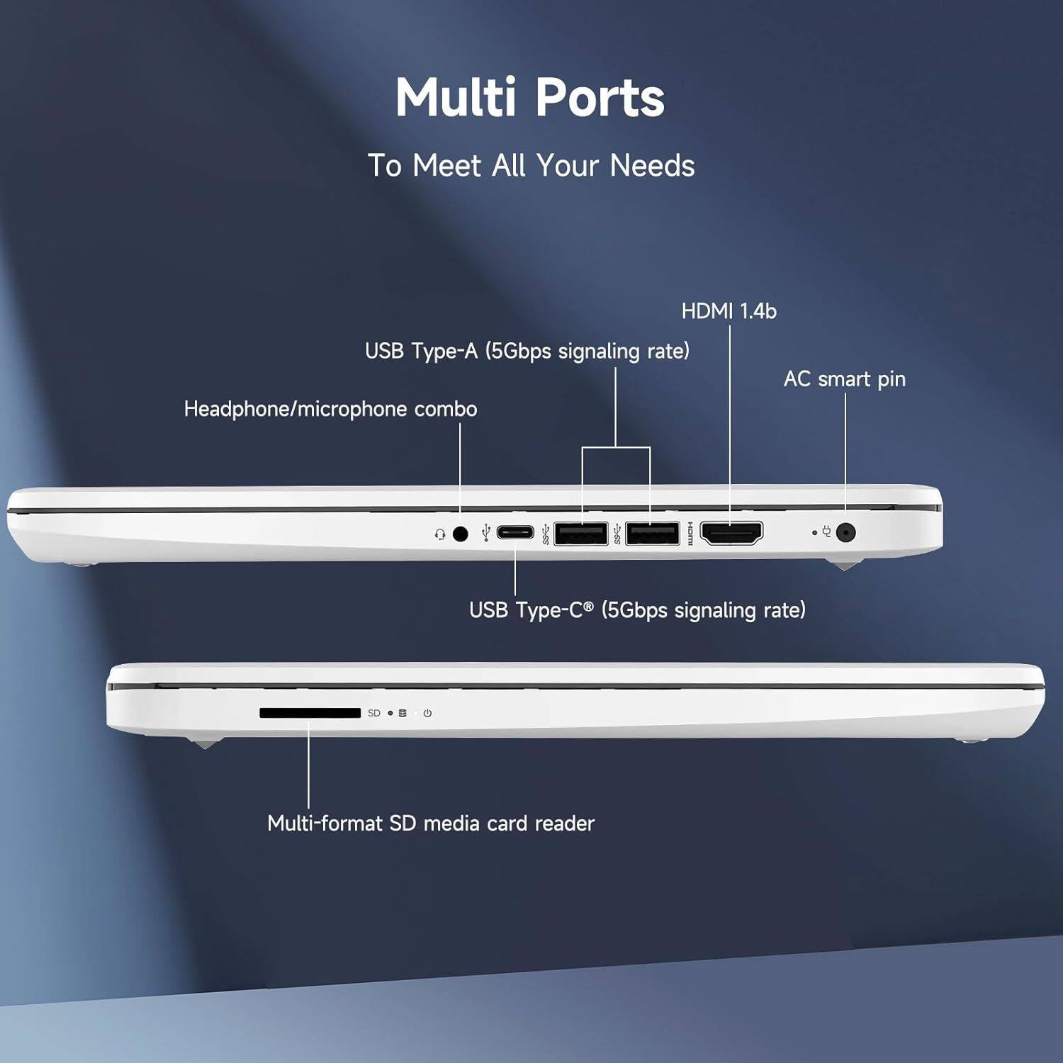 Multi Ports  
To Meet All Your Needs

- HDMI 1.4b
- AC smart pin
- USB Type-A (5Gbps signaling rate)
- Headphone/microphone combo
- USB Type-C (5Gbps signaling rate)
- Multi-format SD media card reader