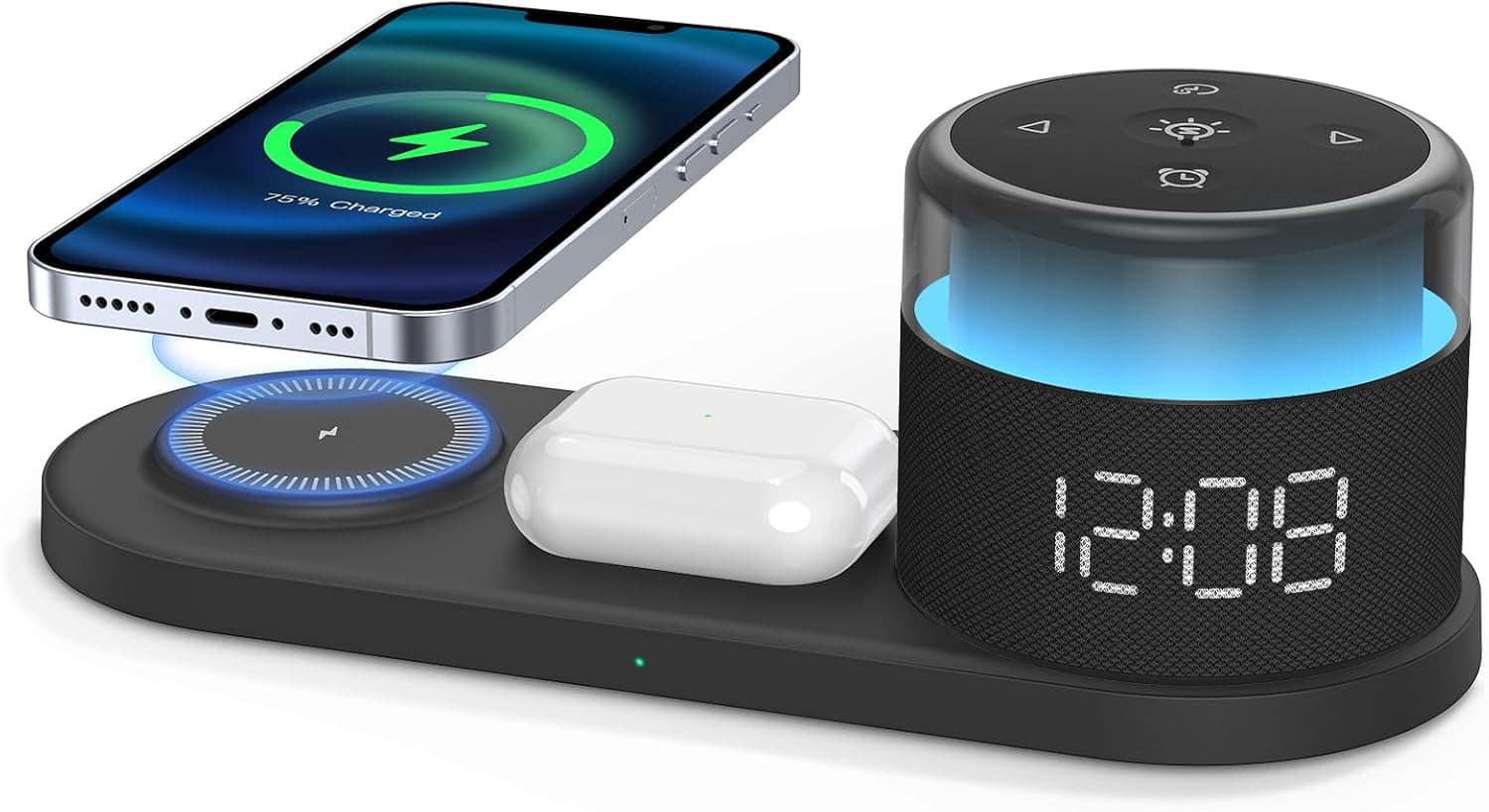 Stamp n Camp - HOUSBAY Alarm Clock with Wireless Charging Station – Magnetic Charger for iPhone 16/15/14/13/12 Series, Dock AirPods - Black