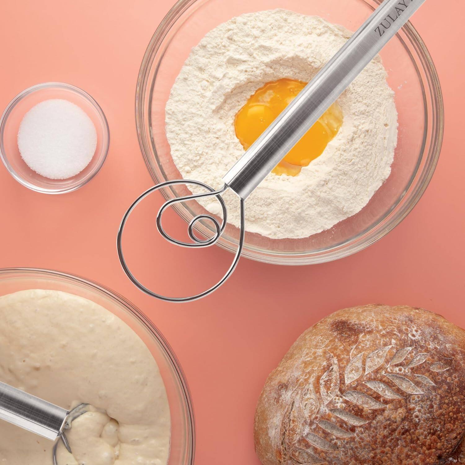 Angle. Zulay Kitchen - Zulay Kitchen 13-Inch Danish Dough Whisk - Stainless Steel Danish Whisk for Cooking with Single Eye Dough Hook - Silver.