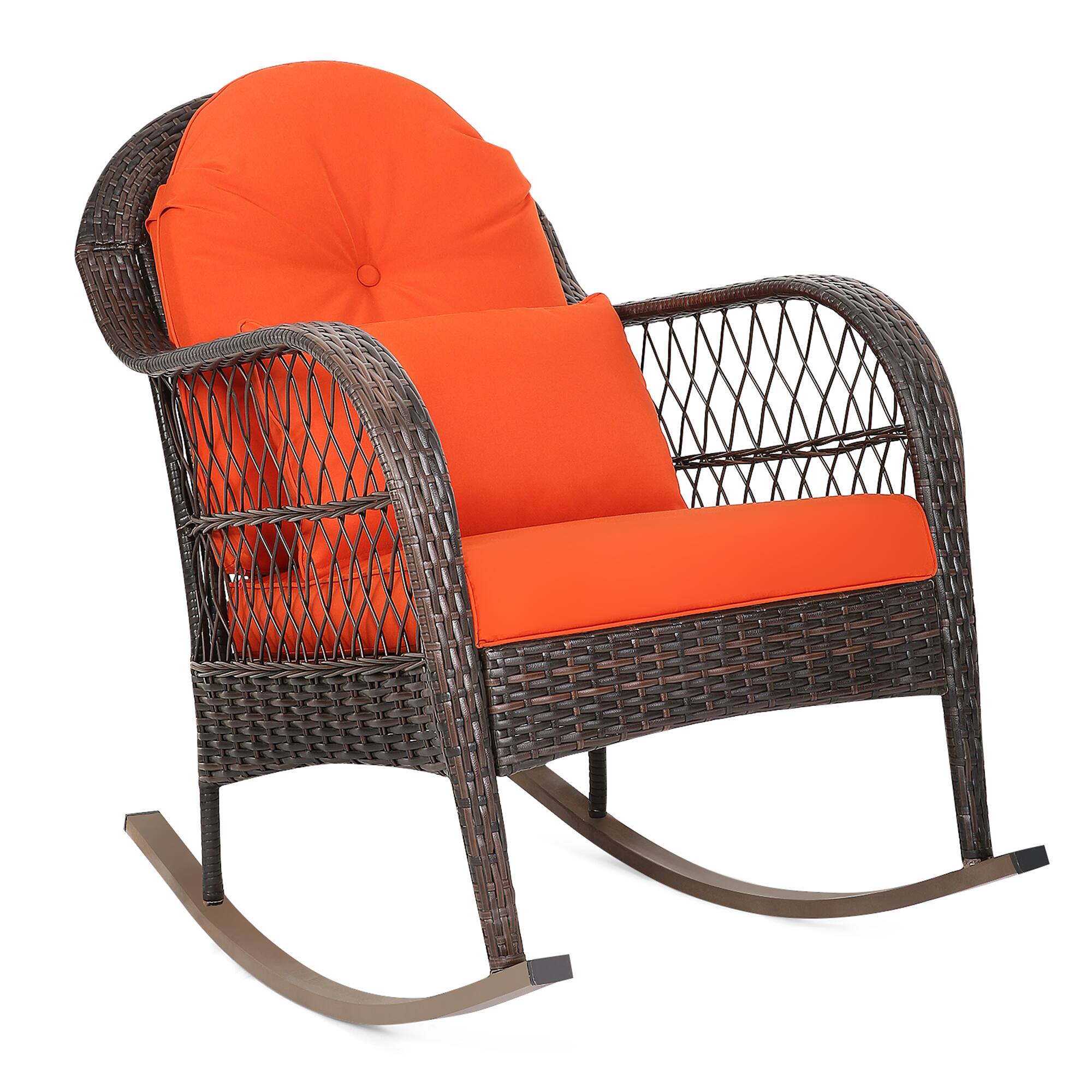 Alt View 3. Gymax - Gymax Patio Rattan Wicker Rocking Chair Porch Deck Rocker Outdoor Furniture W/ Cushion - Orange.