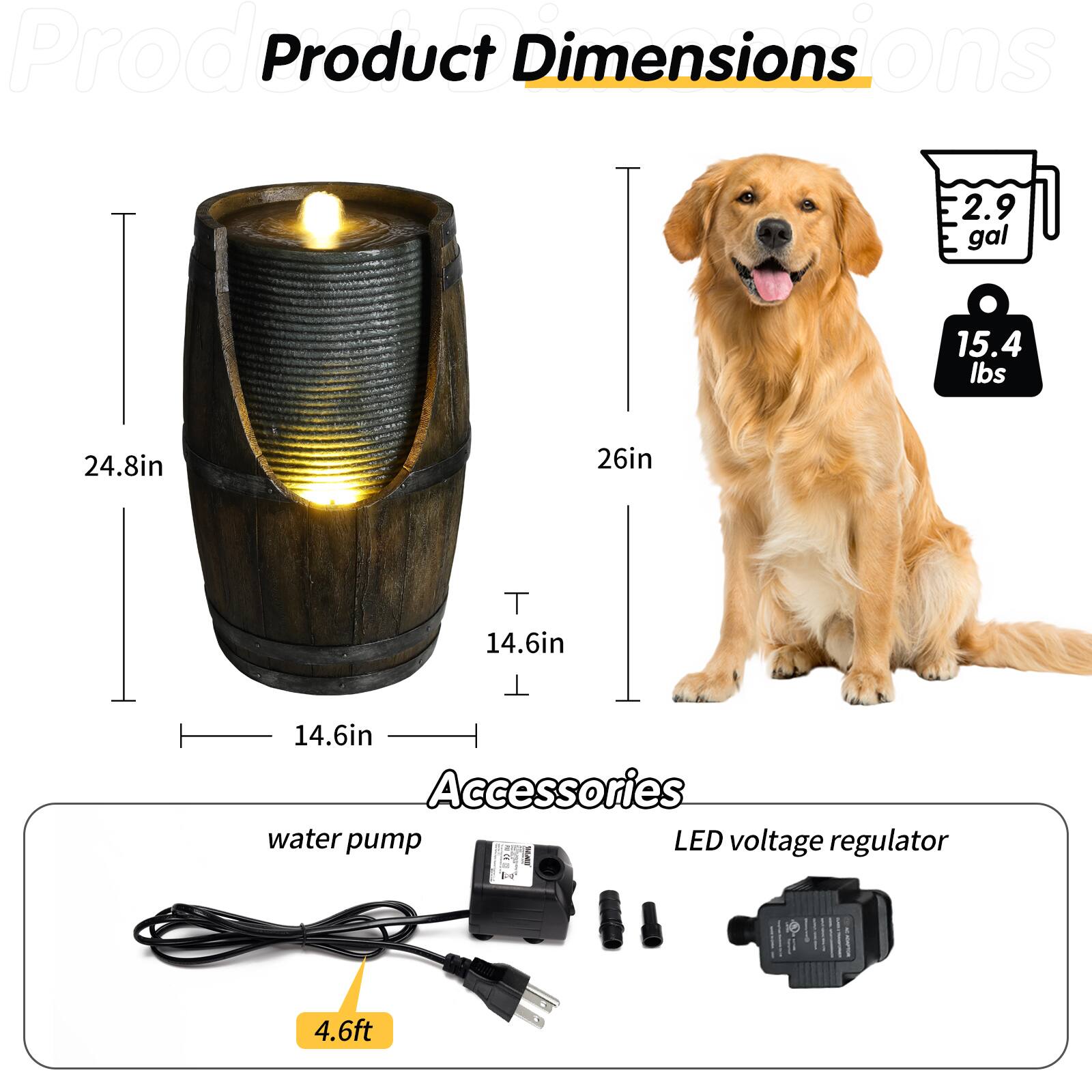 Product Dimensions  
- 2.9 gal  
- 15.4 lbs  
- 24.8in  
- 26in  
- 14.6in  
- 14.6in  

Accessories  
- water pump  
- LED voltage regulator  
- 4.6ft