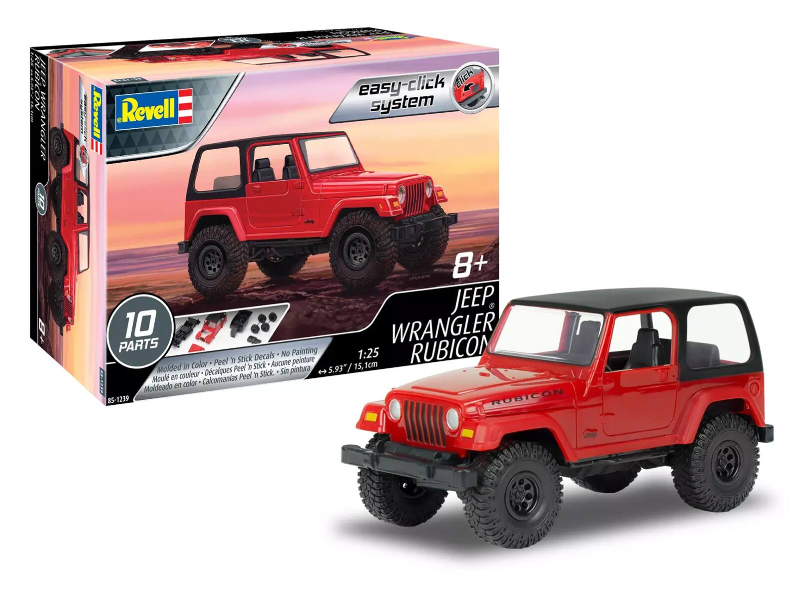 AMAMUD RURICON JEEP WRANGLER  
ME Riovell Revell easy-click system 8+ JEEP.  
10 WRANGLER PARTS No Painting 1:25 RUBICON 'n Stick Decals in Color Peel Stick.  
Aucune peinture 15, 5,1cm Molded Peel pintura 5.93" / couleur Dcalques in Stick.  
Sin Moul en Calcomanias Peel Moldeado en color 85-1239 RUBICON