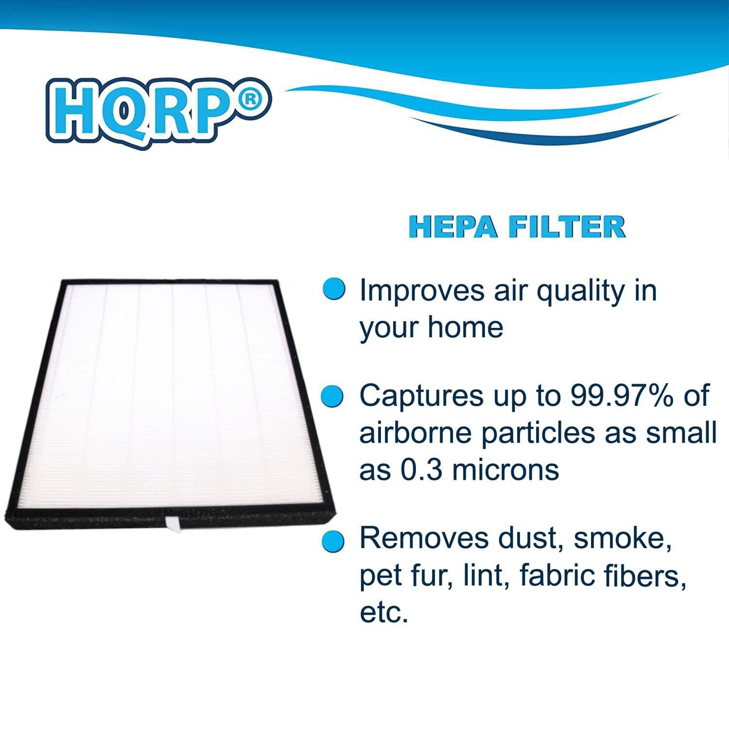 HQRP® HEPA FILTER  
- Improves air quality in your home  
- Captures up to 99.97% of airborne particles as small as 0.3 microns  
- Removes dust, smoke, pet fur, lint, fabric fibers, etc.