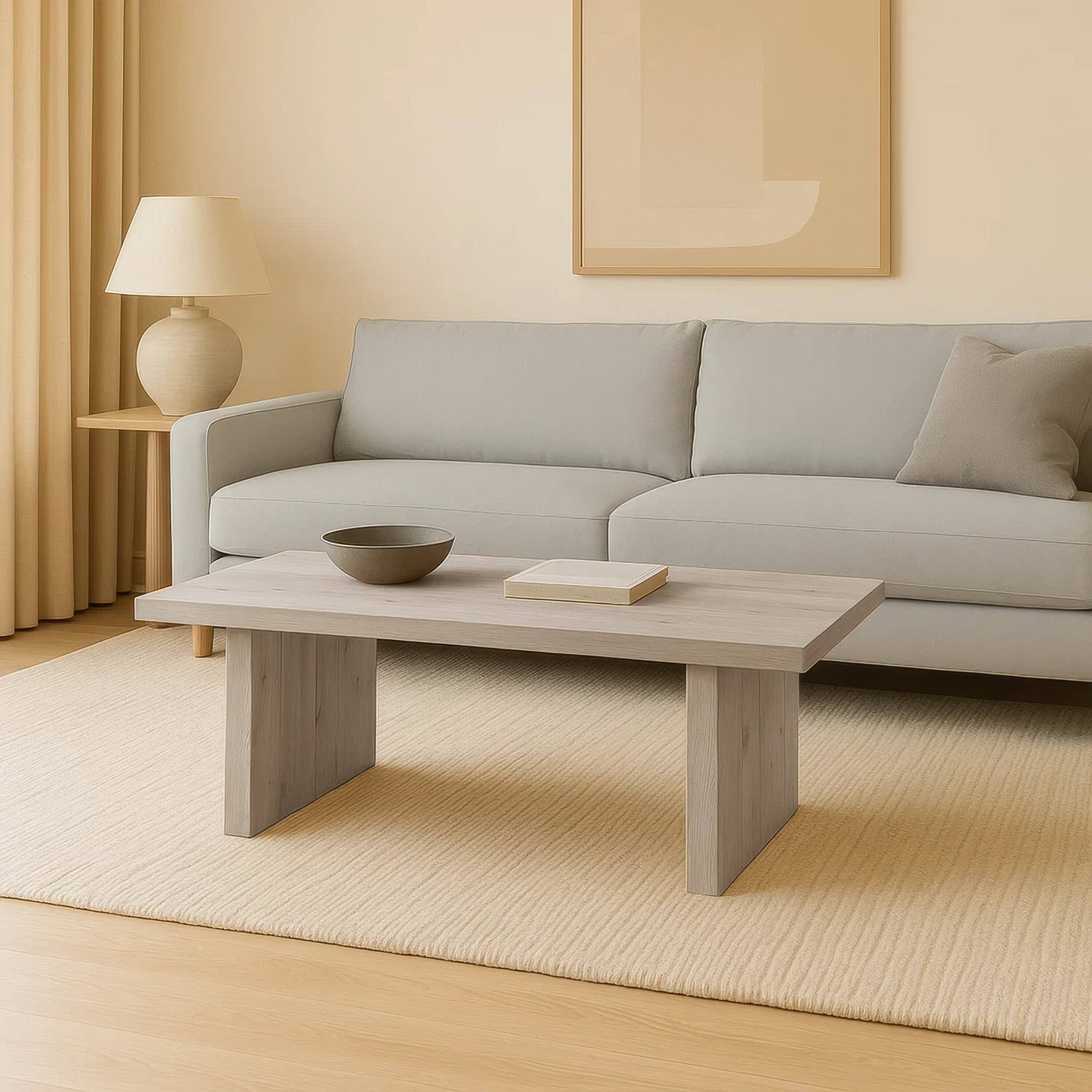 Alt View 9. Manhattan Lane - Nira Coffee Table | 48 Inch Rectangular Top | Handcrafted Acacia Wood | Panel Leg Base - Washed White.