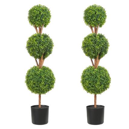 Front. VEVOR - Artificial Topiaries Boxwood Trees, 48 inch Tall (2 Pieces), 3 Ball-Shape Faux Topiaries Plant with Planters - Green.