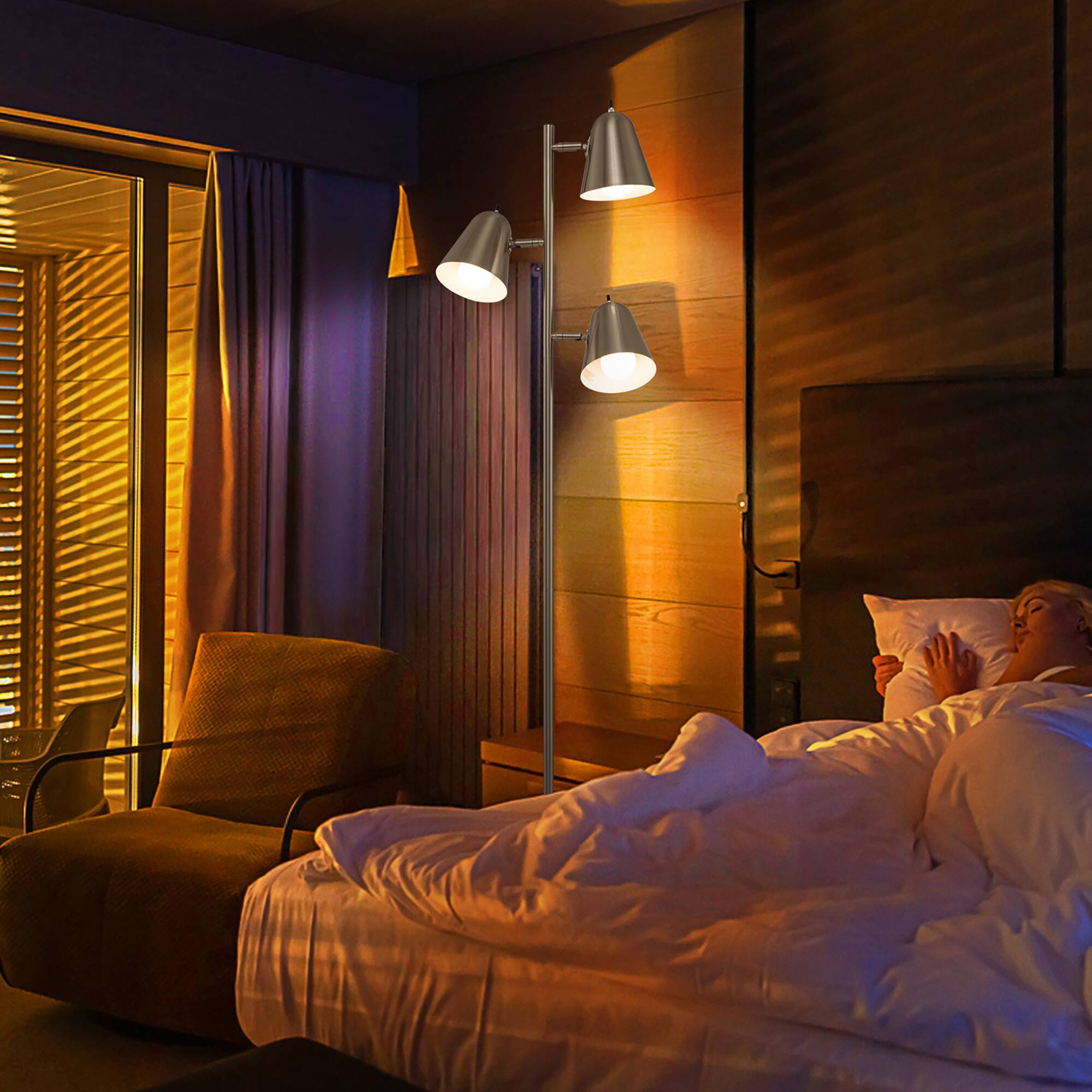 Alt View 3. Gymax - Gymax 3-Bulb Floor Lamp Standing Tall Tree Lamp w/ 3 E26 A19 Bulbs Silver - Nickel-Colored.