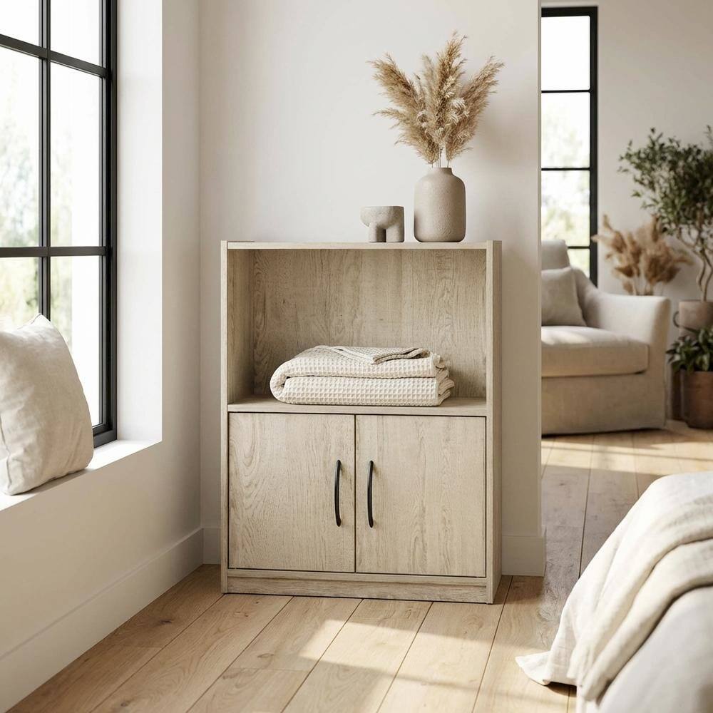Left. FurniFact - Brown 2-Tier Open Shelf Bookcase with Doors Storage Cabinet for Living Room - Metropolitan Pine.