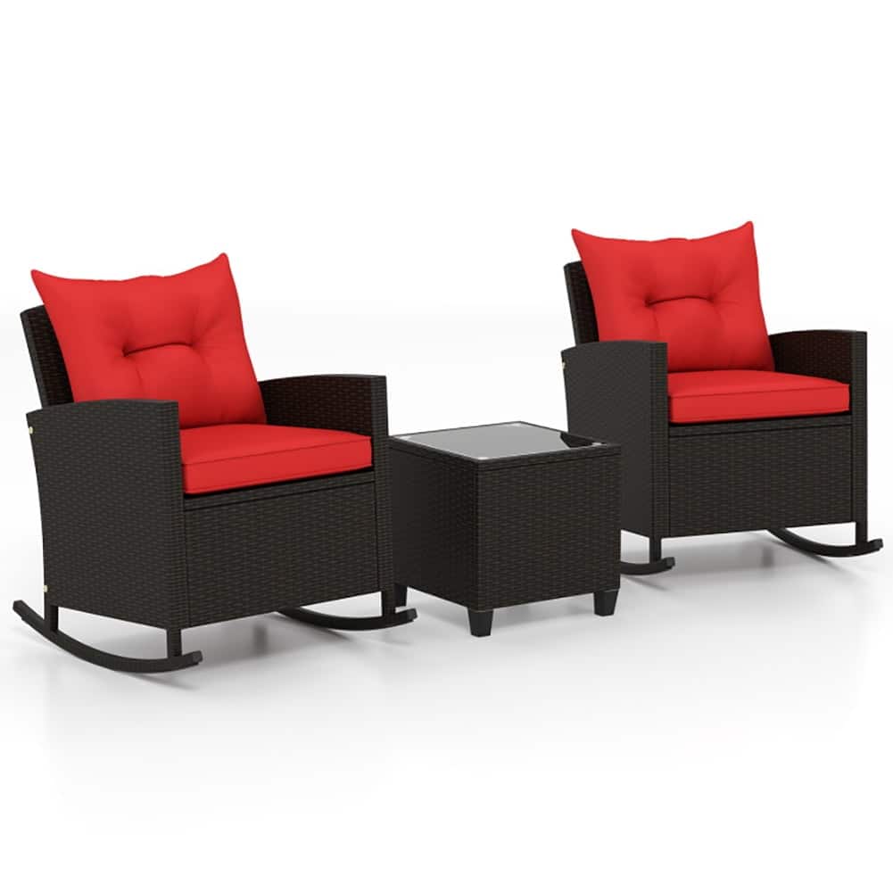 Pefilos - 3-Piece Patio Rattan Roker Chairs, Roker Chair with Tempered Glass Patio Coffee Table and So Feet Cushions - Red