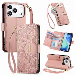 UUCOVER - Floral PU Leather Wallet Case for iPhone 17 Pro Max with Zipper Pocket, Card Slots,Shoulder & Wrist Strap, Stand Cover - Rosegold