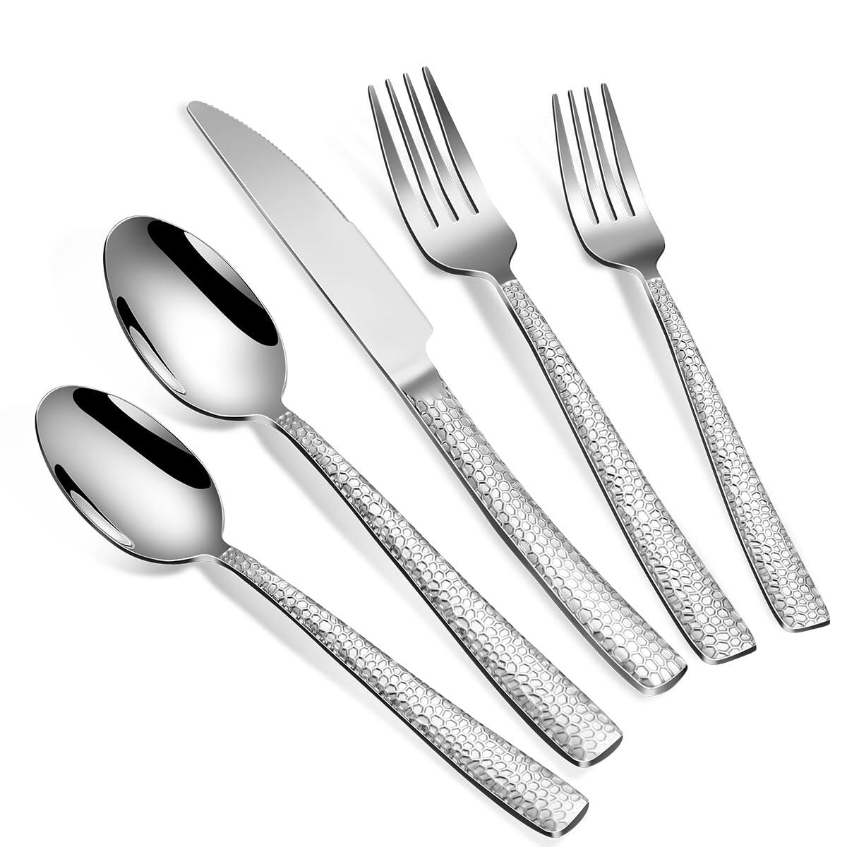Dazzed Corner - 20-Piece Silverware Set, Silver Hammered Stainless Steel Flatware for 4 - NYR6HLK