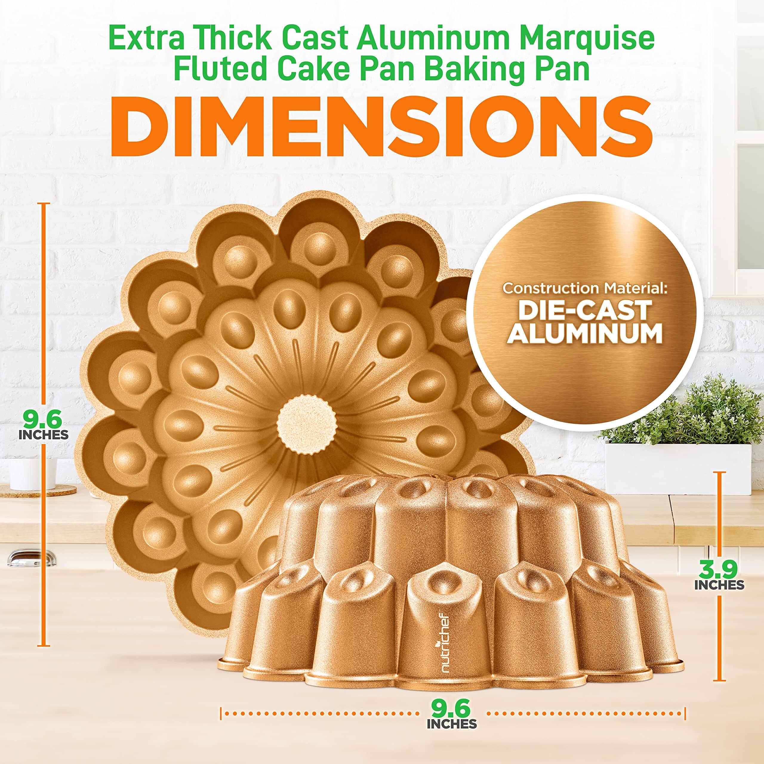 Extra Thick Cast Aluminum Marquise Fluted Cake Pan Baking Pan

DIMENSIONS

Construction Material: DIE-CAST ALUMINUM

9.6 INCHES (diameter)  
9.6 INCHES (height)  
3.9 INCHES