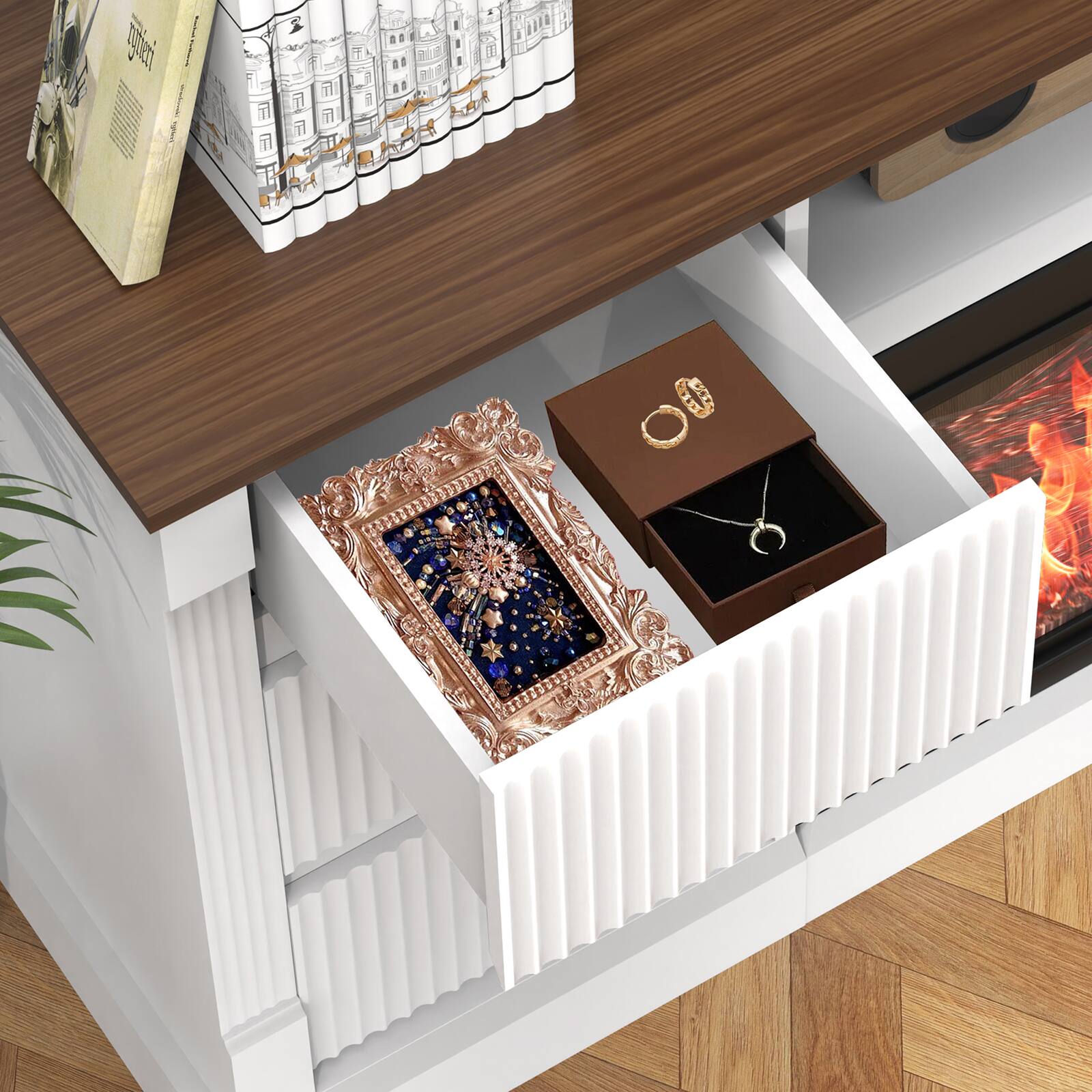 Alt View 5. Chateau Abodes - 70" Modern 3-Sided Glass TV Stand with Electric Fireplace for up to 80" TVs, LED Lights, Storage & Drawers - White.