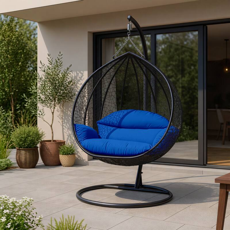 Angle. LeisureMod - Recluse Modern Wicker Teardrop Hanging Egg Chair with Stand - Outdoor Indoor Swing Chair & Cushion - Blue.